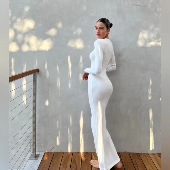 NWT SKIMS soft lounge crew neck long dress 4X in marble white - Picture 2 of 8